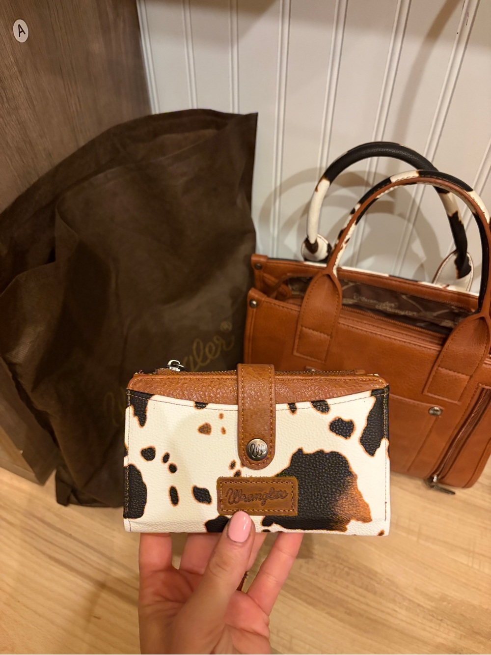 Wrangler Cowprint Trifold Wallet in White, Black and Brown